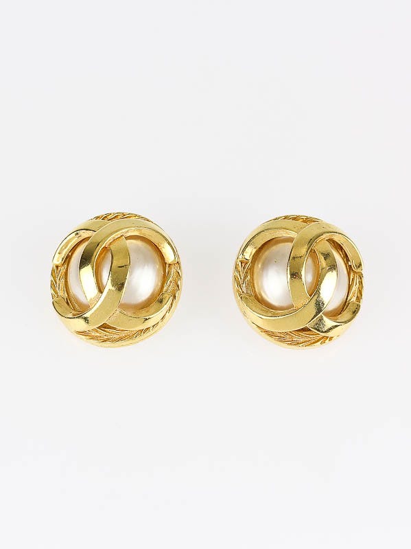 Chanel Goldtone CC Logo and Pearl Large Clip-On Earrings