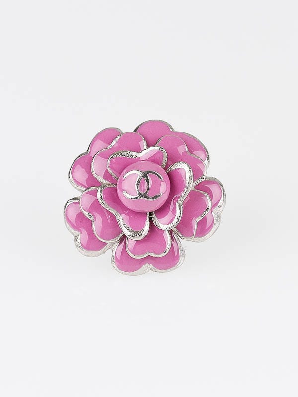 Chanel Pink Enamel Camellia CC Logo Pin - Yoogi's Closet