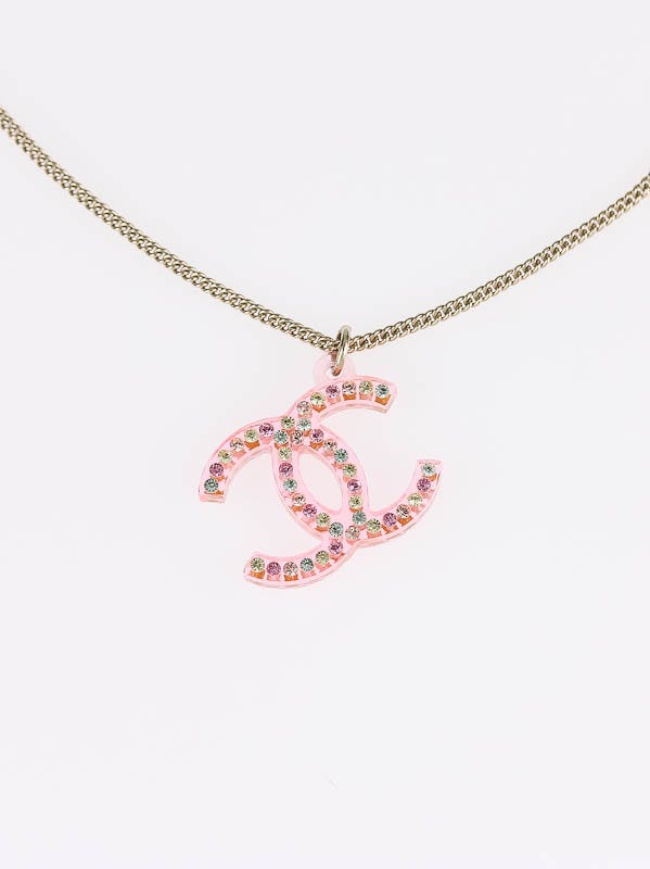 Chanel Clear Rose Resin and Crystal CC Pendant Necklace