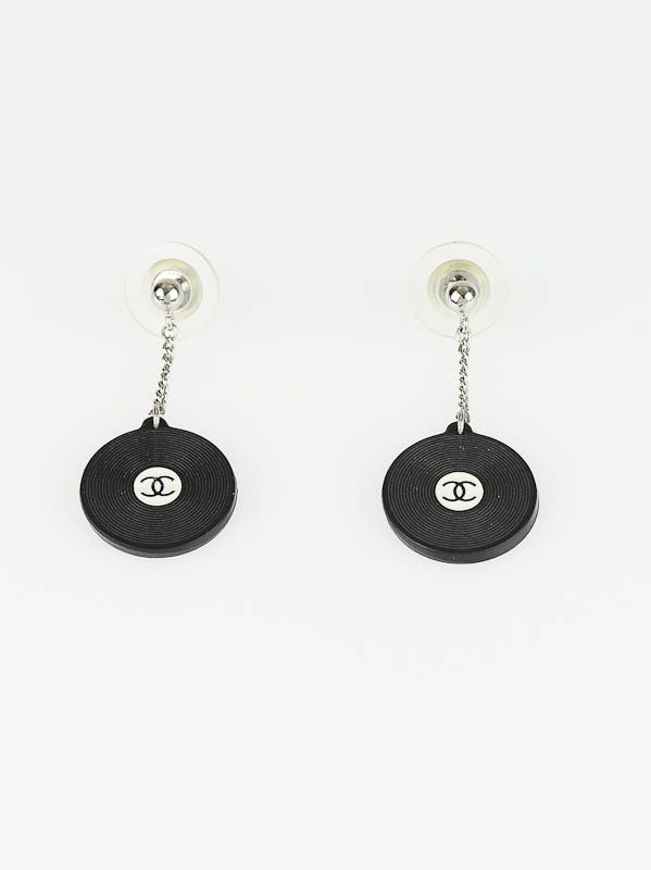 Chanel Black Resin Record Player CC Logo Dangle Earrings