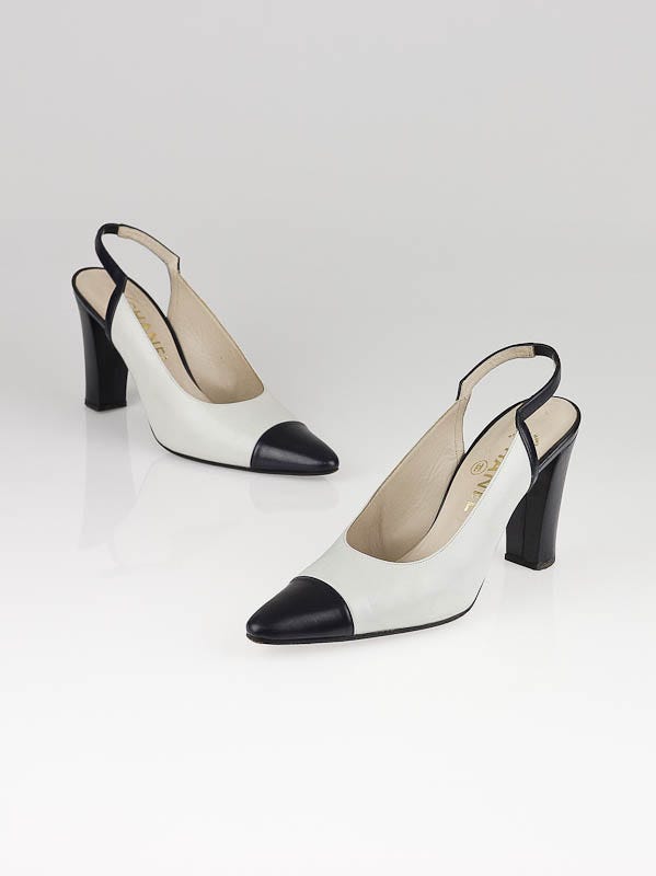 Chanel Grey Leather Cap Toe Slingback Heels Size 8.5/39 - Yoogi's Closet