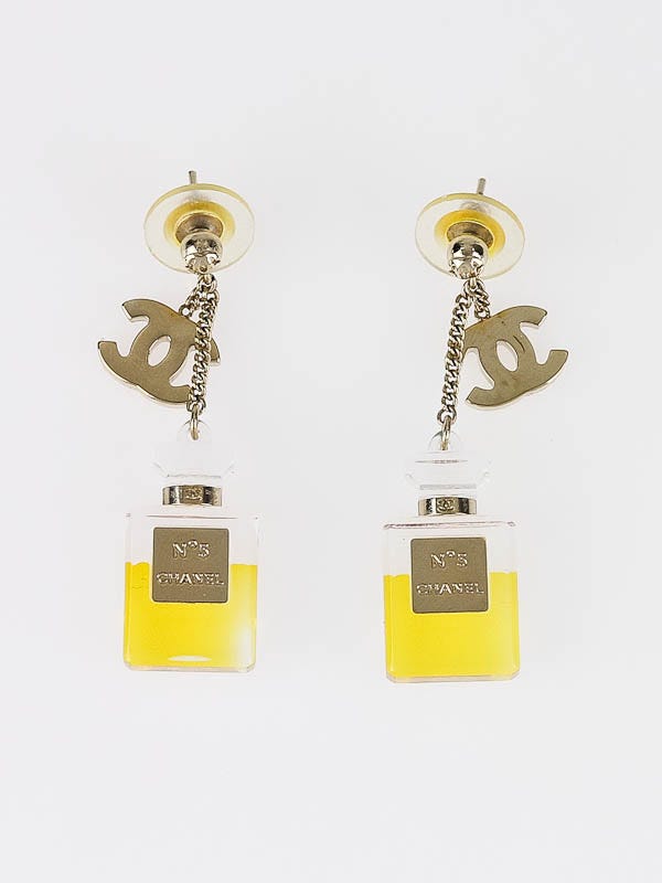 Chanel CC No.5 Perfume Bottle Drop Earrings Metal and Resin with Crystals  Gold