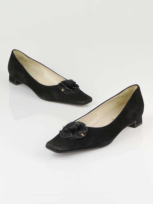 Chanel Black Suede Pony Hair Camellia Flower Ballet Flats Size 7.5