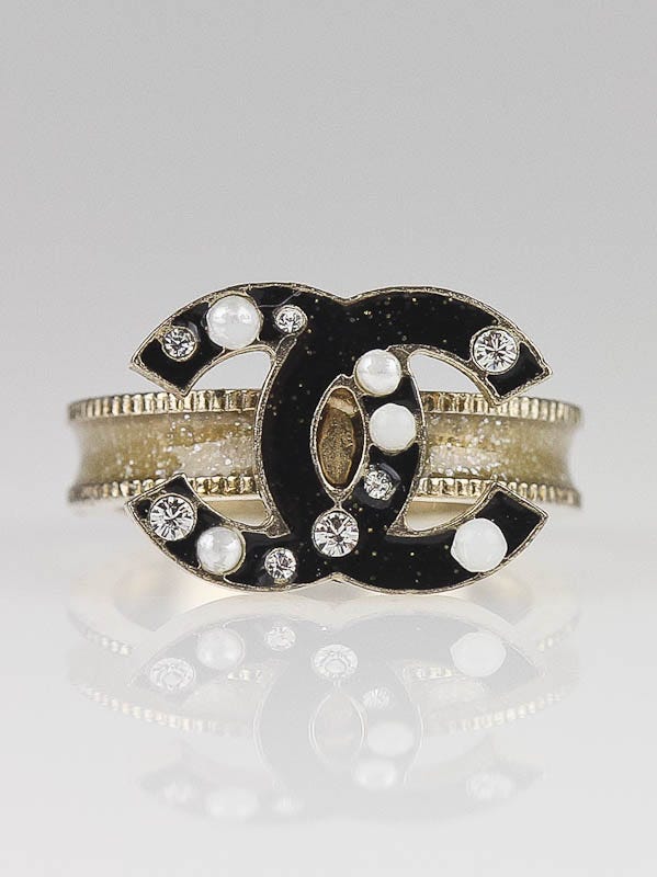 Chanel Black Resin Crystal CC Logo Ring Size 6