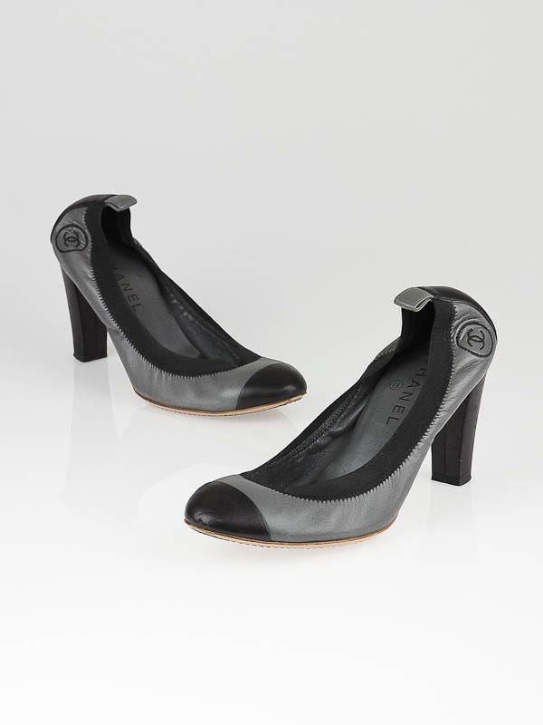 Chanel Grey/Black Leather Elastic Ballet Pumps Size 9/39.5 - Yoogi's Closet