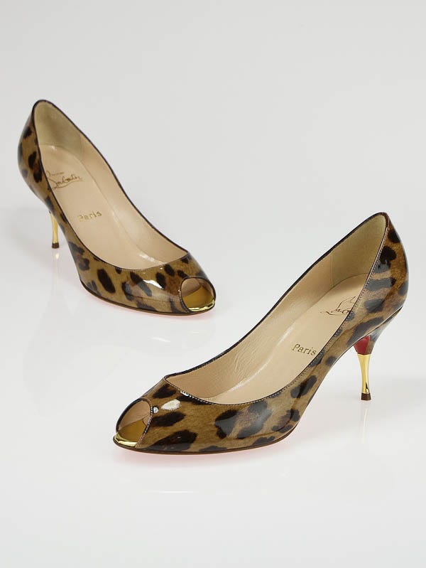 Christian Louboutin Leopard Print Patent Leather Yoyospina 80 Peep-Toe Heels Size 10.5/41