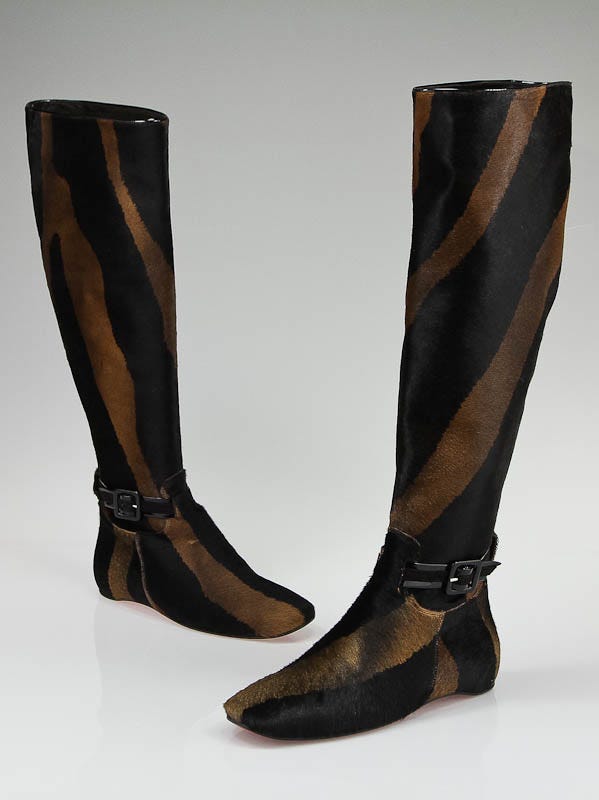 Christian Louboutin Black and Tan Calf Hair Animal Print Knee High Boots Size 7/37.5