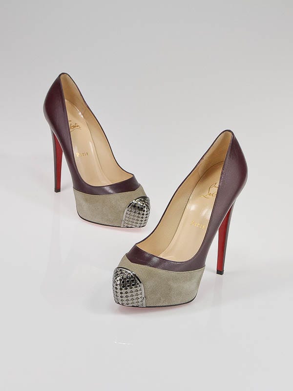 Christian Louboutin Bordeaux Leather and Grey Suede Steel-Toe Platform Maggie 140 Pumps Size 8.5/39