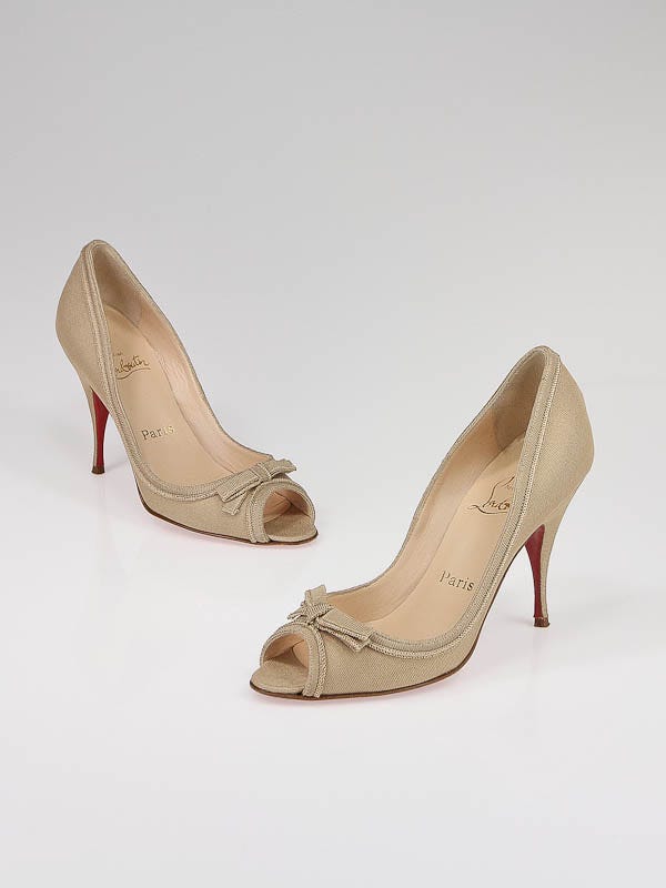 Christian Louboutin Beige Fabric Peep-Toe Bow Pumps Size 7/37.5