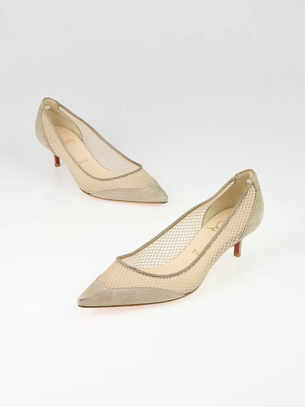 Christian Louboutin Beige Suede and Mesh Mireille 50 Kitten Heels Size 6.5/37