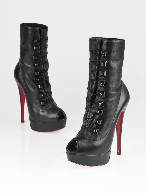 Christian Louboutin Black Leather Alta Bouton Nappa Pyramid Booties Size 4.5/35