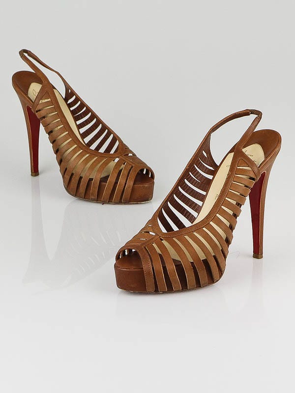 Christian Louboutin Tan Leather Buchon 120 Slingback Heels Size 7.5/38 | Yoogi's Closet