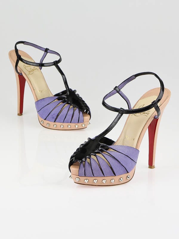 Christian Louboutin Purple Suede and Black Patent Leather Zigounette Spiked Leather Sandals Size 4.5/35