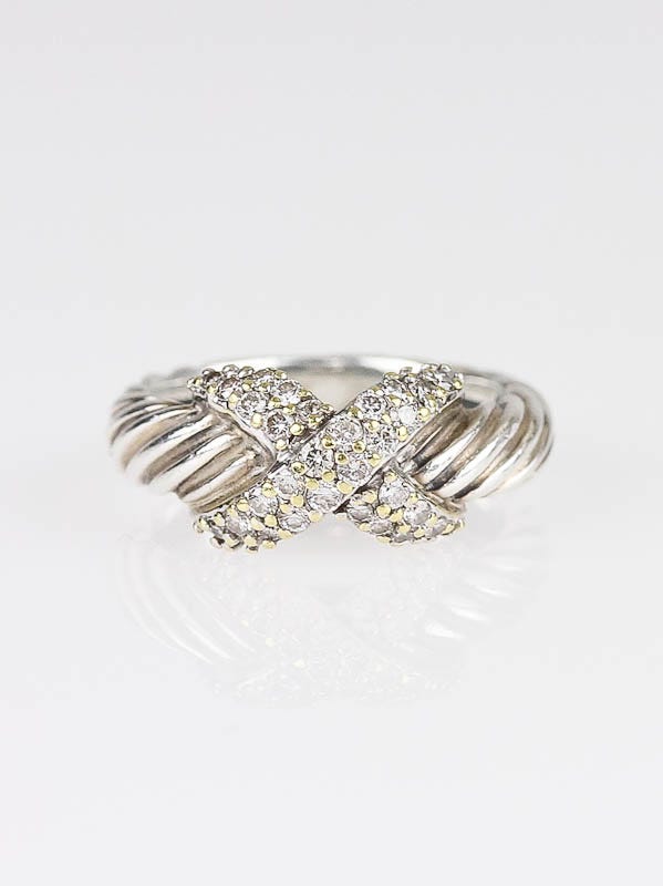 David Yurman Sterling Silver Cable and Diamond X Ring Size 7