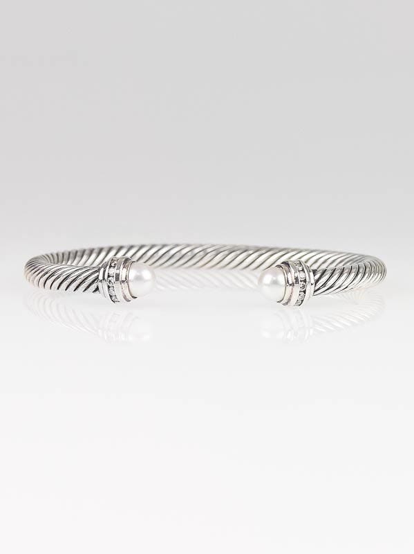 David Yurman 5mm Pearl and Diamond Silver Ice Collection Cable Bracelet