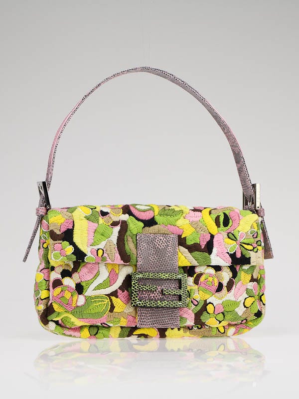 Fendi Multicolor Hand Embroidered Flowers/Lizard Trim Baguette Bag