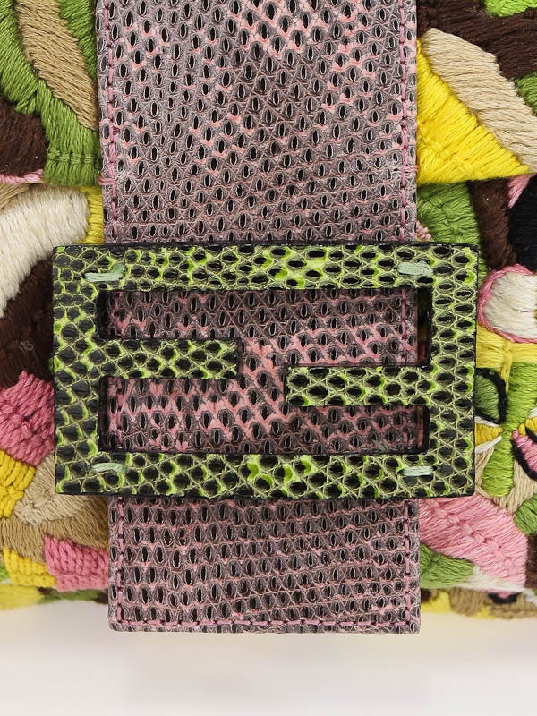 Fendi Multicolor Hand Embroidered Flowers/Lizard Trim Baguette Bag