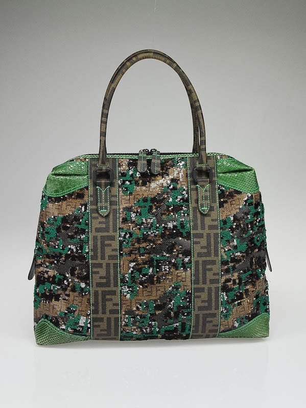Fendi Zucca Coated Canvas and Green Python Trim Sequined Bag - 8BL096