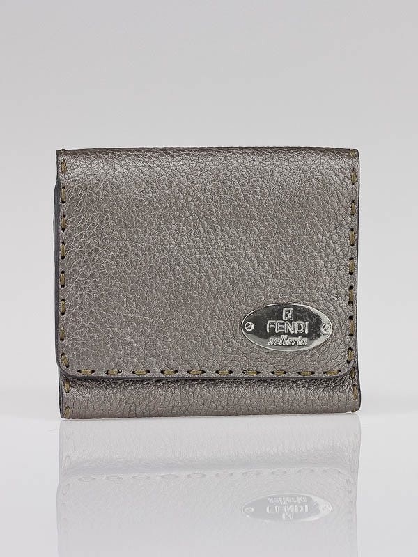 Fendi Metallic Silver Selleria Leather Compact Tri-Fold Wallet