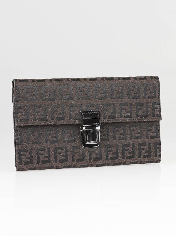 Fendi Brown Black Zucchino Print Canvas Buckle Checkbook Holder Wallet Yoogi s Closet