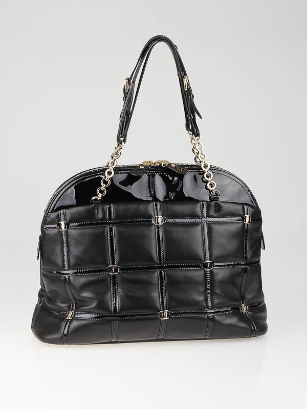 Salvatore Ferragamo Black Quilted Lambskin and Patent Leather Grid Dome Satchel Bag