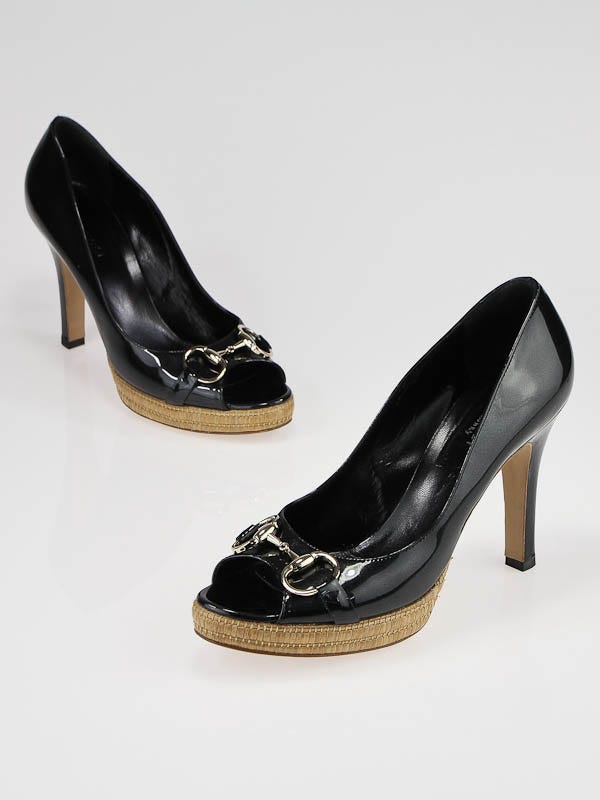 Gucci Black Patent Leather Horsebit Peep-Toe Heels Size 9.5