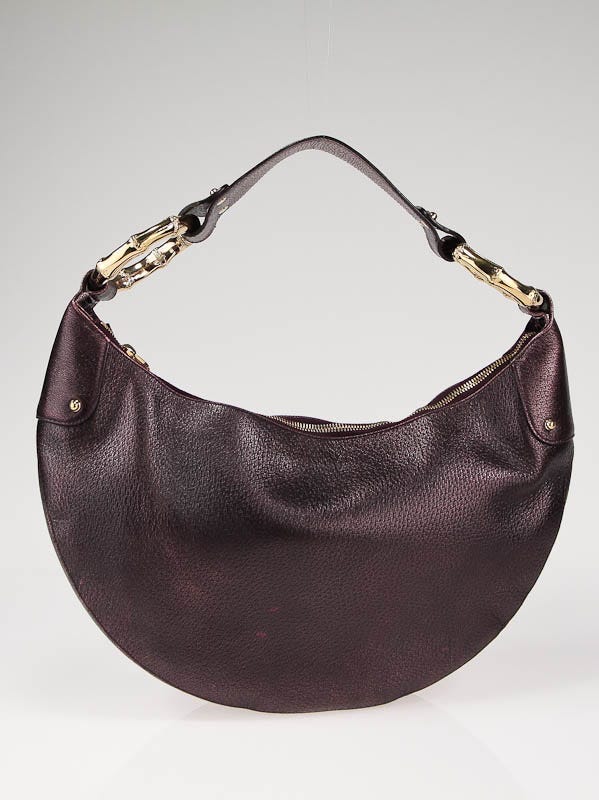 Gucci Purple Metallic Leather Bamboo Ring Hobo Bag