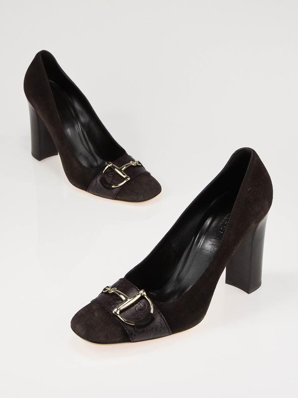 Gucci Chocoloate Brown Suede and Guccissima Leather Trim Horsebit Pumps Size 9.5/40