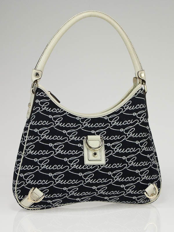 Gucci Navy Blue Fabric Signature Abbey Medium D-Ring Hobo Bag