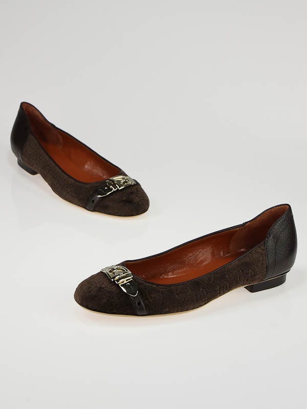 Gucci Brown Chenille Fabric GG Buckle Flats Size 7.5