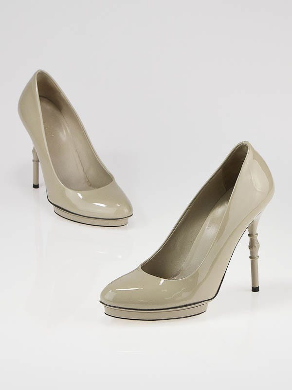 Gucci Beige Patent Leather Bamboo Heel Pumps Size 34