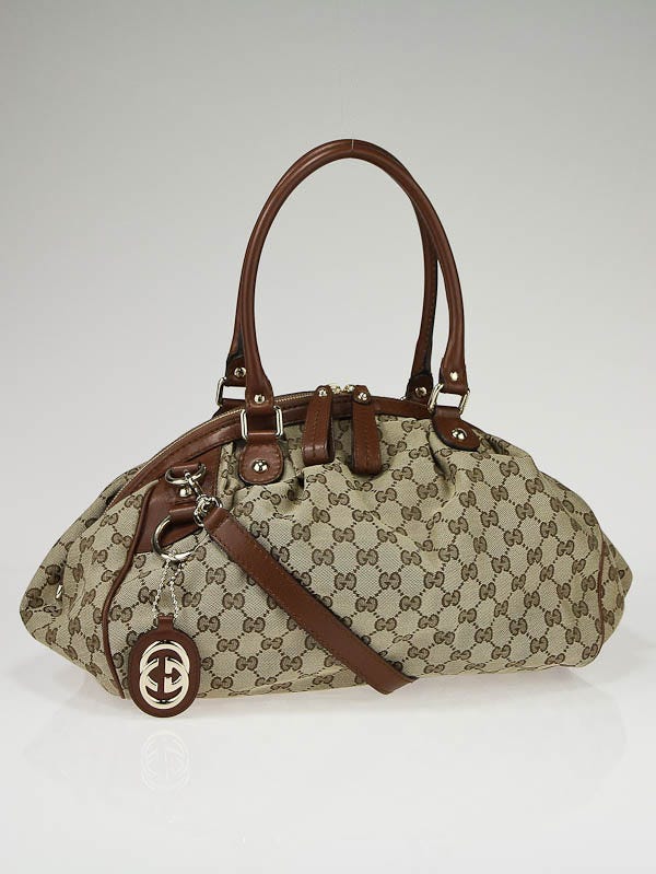 Gucci Boston Handbag in Beige Monogram Canvas and Dark Brown Patent