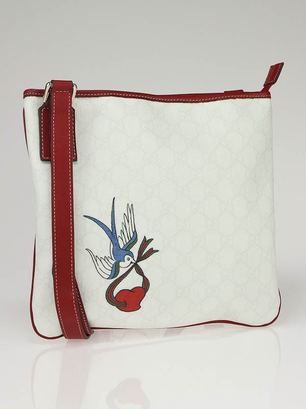 Gucci White GG Coated Canvas Bird/Heart Tattoo Cross-Body Messenger Bag