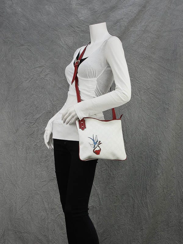 Gucci White GG Coated Canvas Bird Heart Tattoo Cross Body