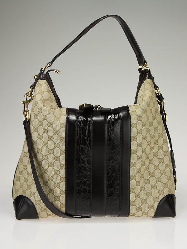 Gucci Beige GG Canvas and Crocodile Trim Leather 'Secret' Medium Hobo Bag