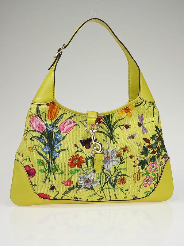 Gucci Yellow Jackie O Bouvier Botanical Floral Canvas Hobo Bag