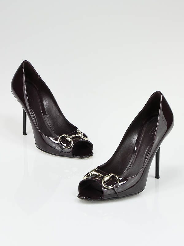 Gucci Purple Patent Leather Horsebit Peep-Toe Pumps Size 7.5