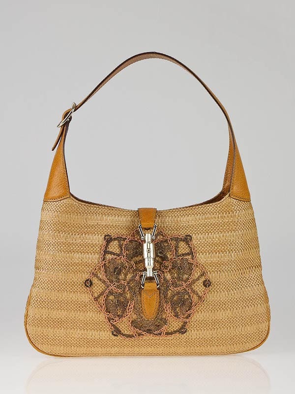 Gucci Woven Straw and Leather Embroidered Jackie O Bouvier Bag