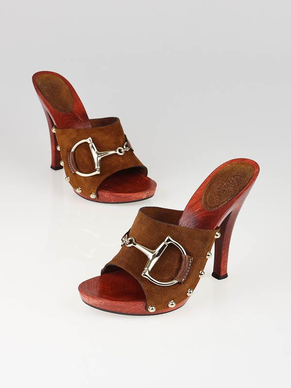 Gucci Sand Suede Horsebit Wooden Sandals Size 6.5