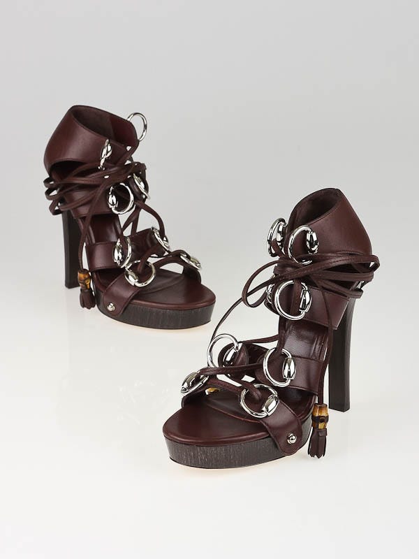 Gucci Brown Leather Horsebit Strappy Ankle Wrap Sandals Size 6