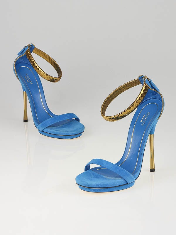 Gucci Turquoise Suede Snakeskin Exotic Ankle Strap Sandals Size 8/38.5