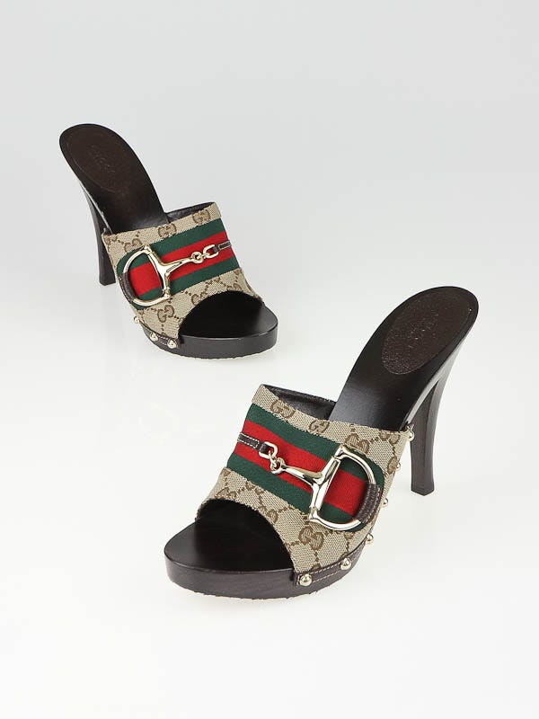 Gucci Beige/Ebony GG Canvas Horsebit Slide Heels Size 11