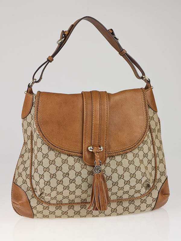 Gucci Beige GG Canvas and Tan Leather Marrakech Flap Shoulder Bag