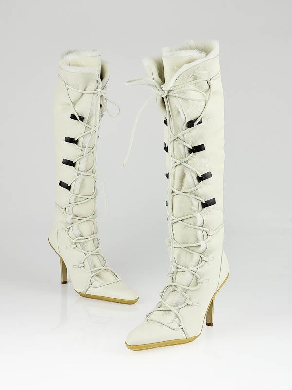 Gucci Cream Leather Fur Lace Up Boots Size 7.5