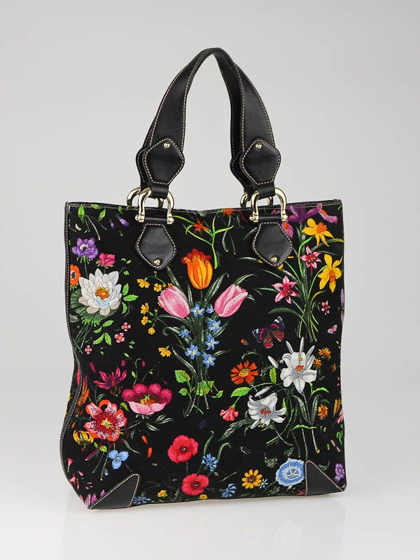 Gucci Black Botanical Floral Canvas Large Tote Bag