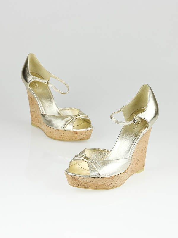 Gucci Gold Leather Peep-Toe Cork Wedge Size 8
