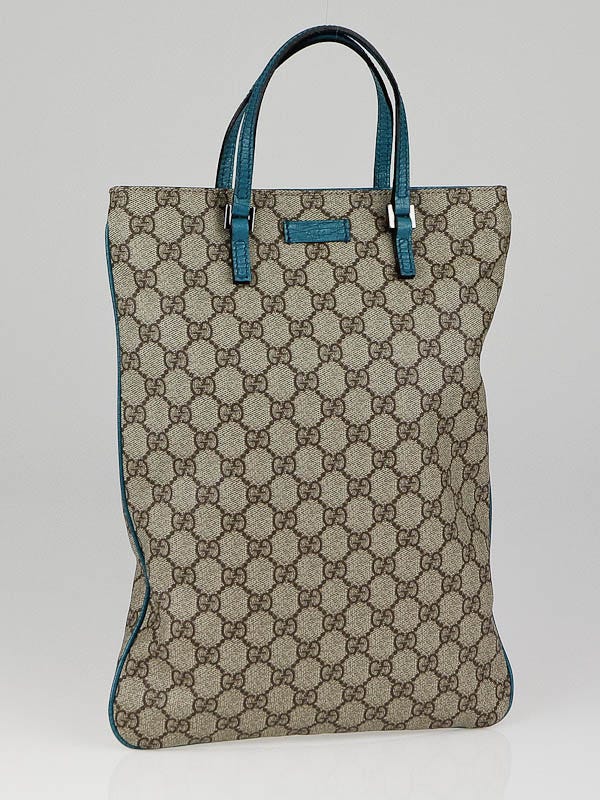 Gucci Beige/Teal GG Coated Canvas Small Flat Tote Bag