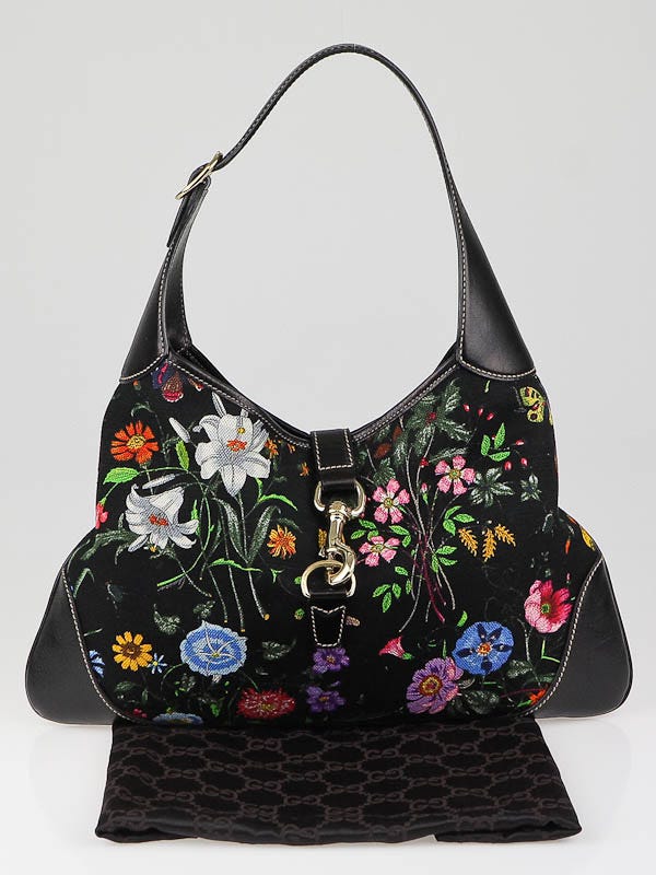 Gucci Botanical Black Floral Canvas Jackie O Bouvier Hobo Bag