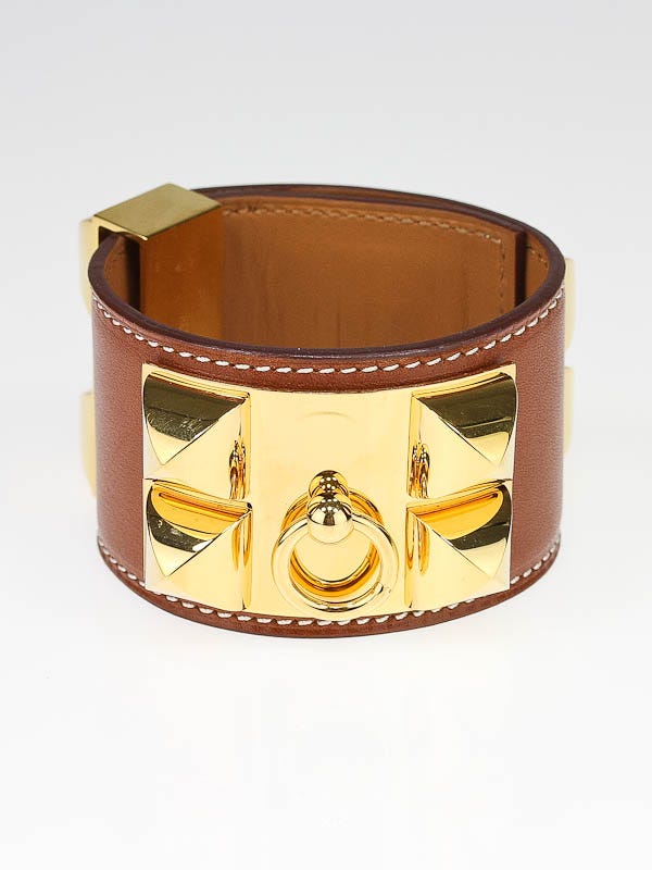 Hermes Gold Box Leather Gold Hardware Collier de Chien Cuff Bracelet