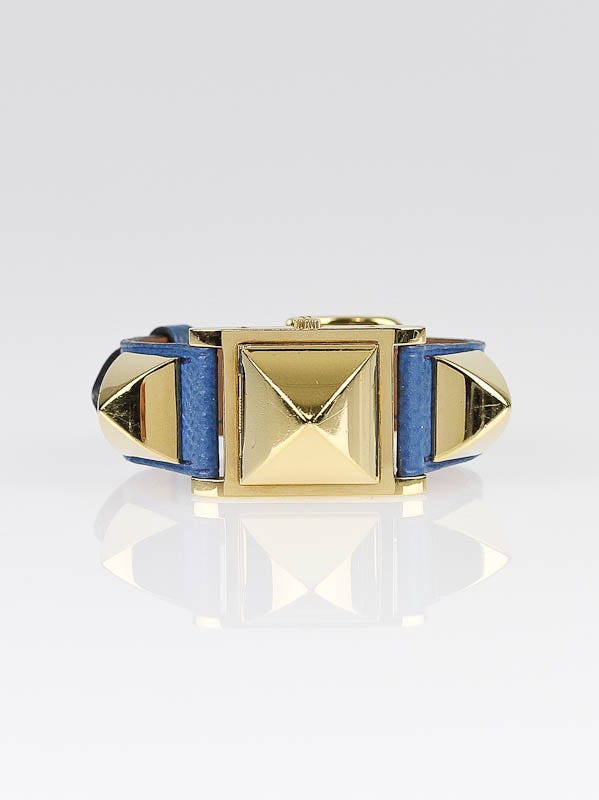 Hermes Bleu Thalassa Epsom Leather Medor Studded Quartz Watch